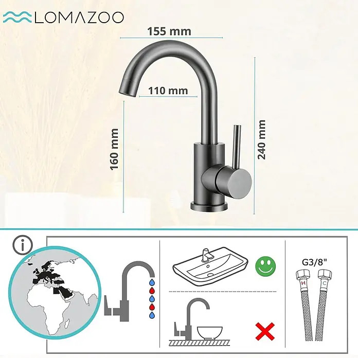 LOMAZOO Waschtischarmatur LMZ-CHLOE - Gunmetal - Mattschwarze Einhebel-Küchenarmatur. Maße: 240 mm Höhe, 155 mm Ausladung. Inkl. G3/8" Anschlussschläuche.