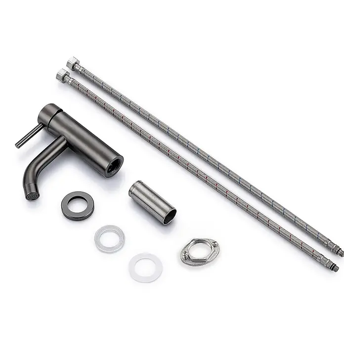 LOMAZOO Waschtischarmatur LMZ-MACY - Gunmetal - Dunkelgraues Einhebel-Badarmaturen-Set mit flexiblen Anschlussschläuchen und Montagezubehör.