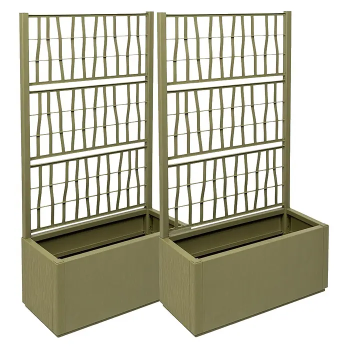 Pflanzkasten Set - Außenmaß (L x B x H): 80 x 36 x 140 cm, Kunststoff, Grün, mit Spalier, 2 Stk. - Zwei olivgrüne Pflanzkübel mit integrierten Ziergittern, ideal für Kletterpflanzen oder als Sichtschutz.