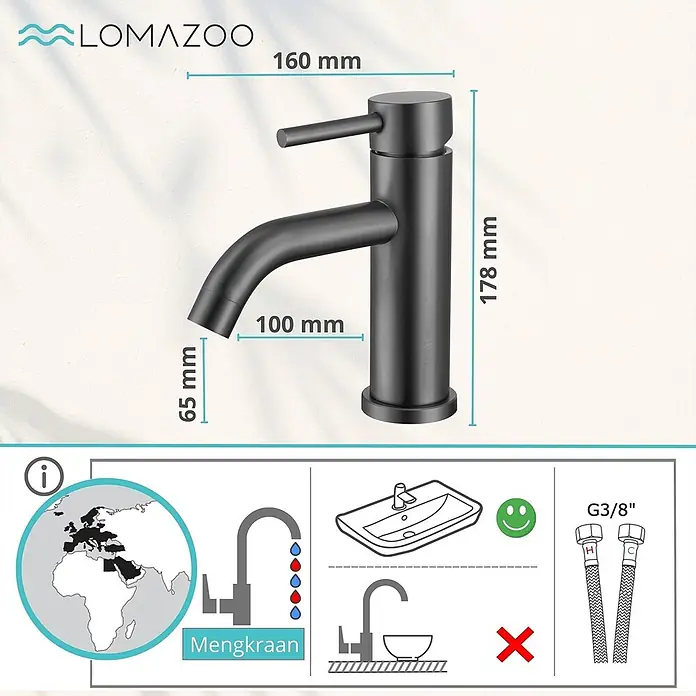 LOMAZOO Waschtischarmatur LMZ-MACY - Gunmetal - Mattschwarze Einhebel-Waschtischarmatur mit Maßen und G3/8"-Anschluss.