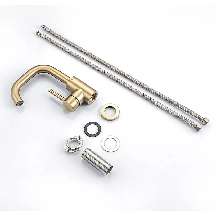 LOMAZOO Waschtischarmatur LMZ-STELLAR - Gold - Gebürstete goldene Küchenarmatur mit Einhebelmischer, zwei Wasserschläuchen und Montagezubehör.