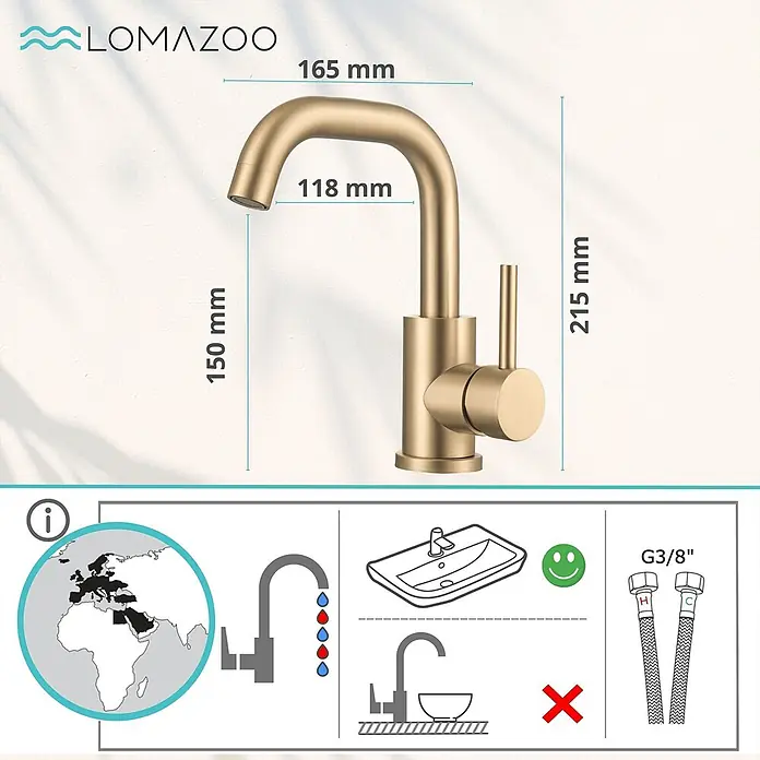 LOMAZOO Waschtischarmatur LMZ-STELLAR - Gold - Mattgoldener Waschtischmischer (H: 215mm, Ausladung: 118mm) mit G3/8" Anschlussschläuchen. Für Waschbecken geeignet.