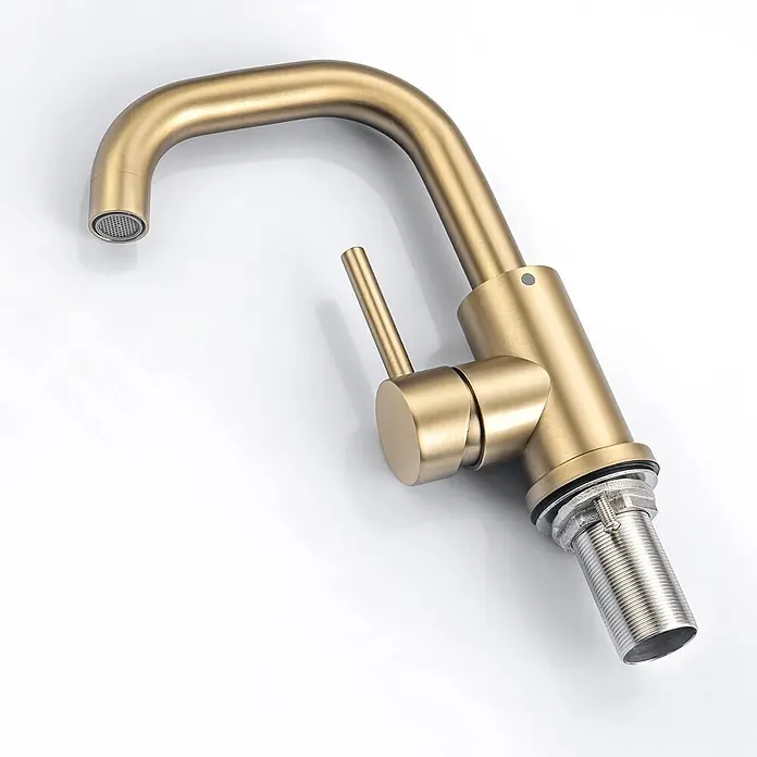 LOMAZOO Waschtischarmatur LMZ-STELLAR - Gold - Küchenarmatur aus gebürstetem Gold mit gebogenem Auslauf, Einhebelmischer und Gewindefuß.