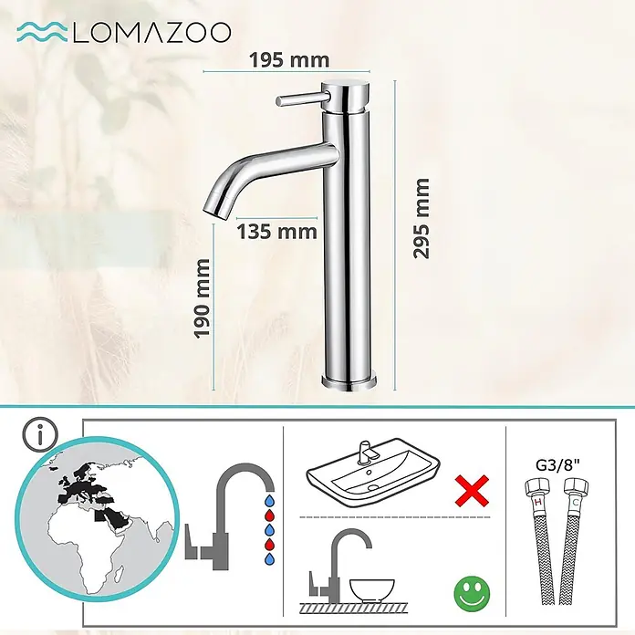 LOMAZOO Waschtischarmatur LMZ-NEMESIS - Chrom - Hoher Badarmatur aus Chrom mit Einhebelmischer, Maße: 295mm Gesamthöhe, 190mm Auslaufhöhe, 135mm Ausladung.