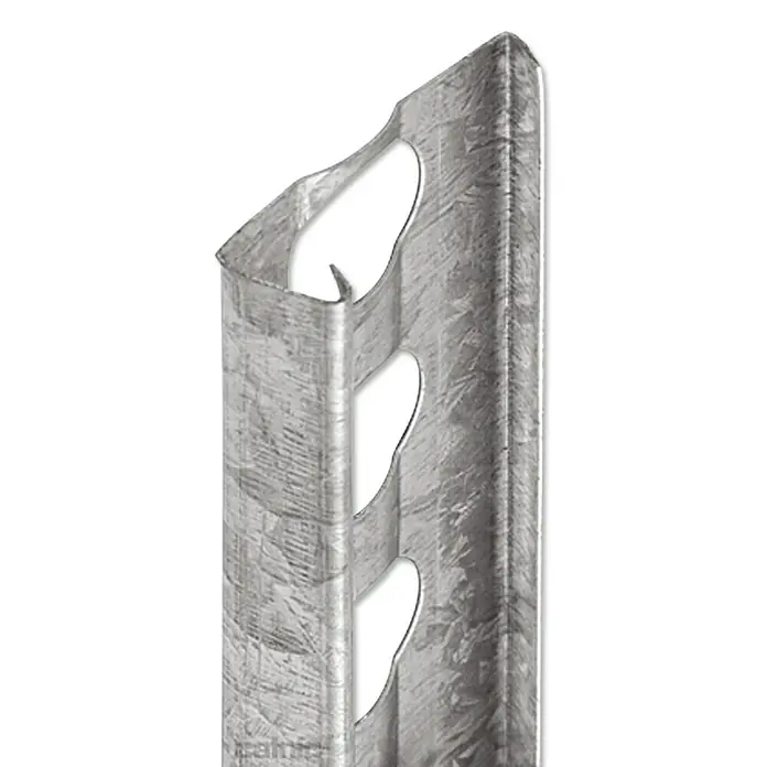Catnic Putzabschlussprofil - Länge: 250 cm, Passend für: 10 mm Putzstärke, Edelstahl - Nahaufnahme eines Metallpfostens mit Löchern, der robust und langlebig aussieht. Ideal für Zäune und andere Bauprojekte.