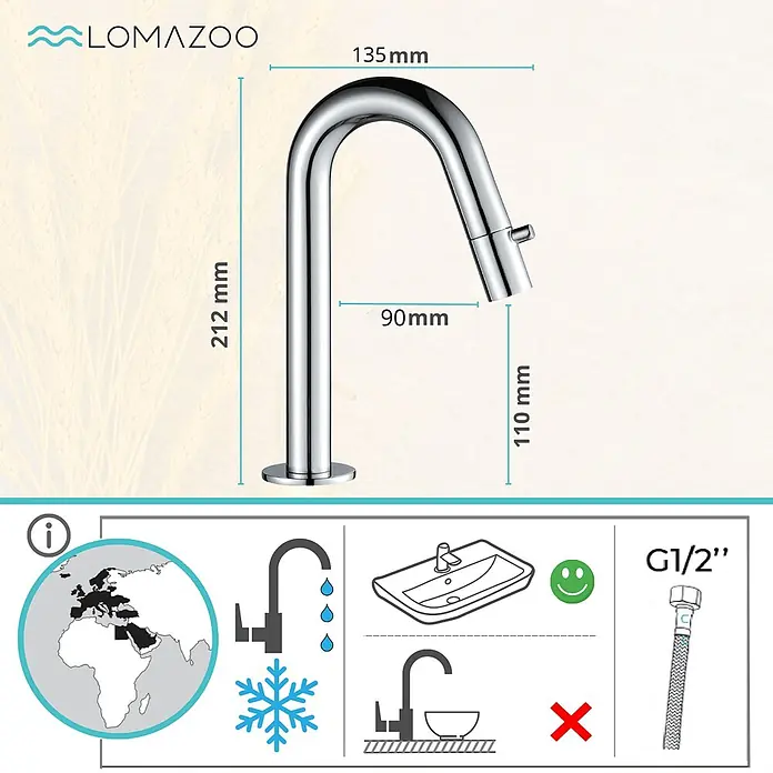 LOMAZOO Waschtischarmatur LMZ-SILFRA - Chrom - Polierter Chrom-Wasserhahn, modern gebogen, 212mm hoch, 135mm Ausladung, für Kaltwasser, G1/2"-Anschluss.