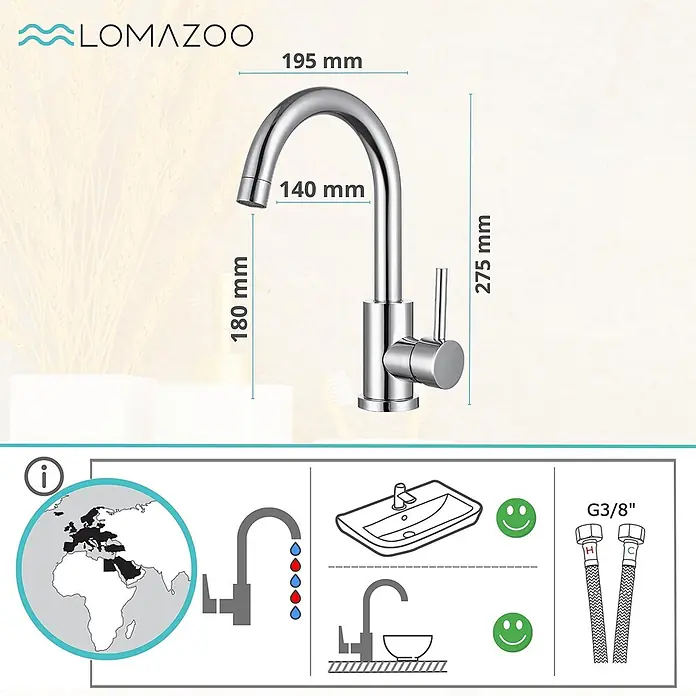 LOMAZOO Waschtischarmatur LMZ-YENER - Chrom - Chrom-Einhebel-Armatur, H: 275mm, Auslaufhöhe: 180mm, Ausladung: 140mm. G3/8"-Anschlüsse.