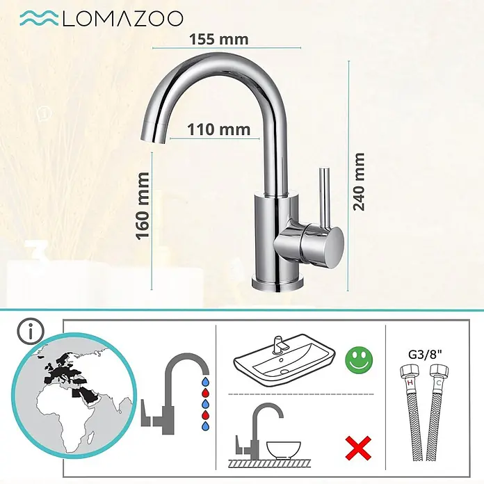 LOMAZOO Waschtischarmatur 1S-IS17-DABT - Chrom - Verchromte Einhebel-Armatur mit hohem, gebogenem Auslauf, Maße angezeigt.