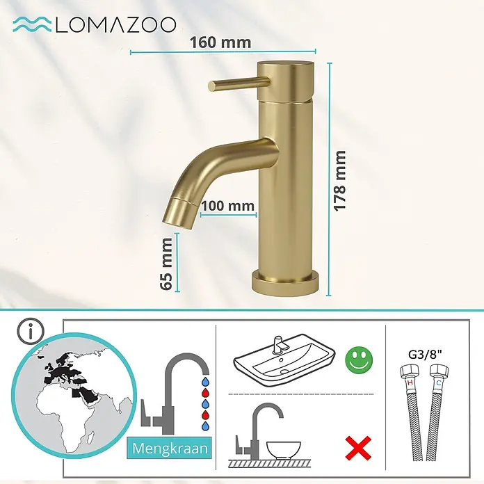 LOMAZOO Waschtischarmatur LMZ-ELARA -  - Ein matter goldener Einhebel-Mischhahn mit 178mm Gesamthöhe, 100mm Ausladung und G3/8" Anschlüssen.