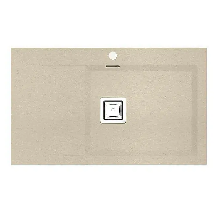 Poalgi Einbauspüle Kobus - 86 x 52 cm, Verbundwerkstoff - Beige strukturierte Duschwanne mit zentralem quadratischem Metallablauf, runder Abdeckung und linearem Schlitz.