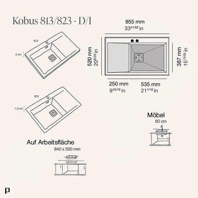 Poalgi Einbauspüle Kobus - 86 x 52 cm, Verbundwerkstoff - Diagramm der Küchenspüle Kobus 813/823 mit Maßen und Installationshinweisen.