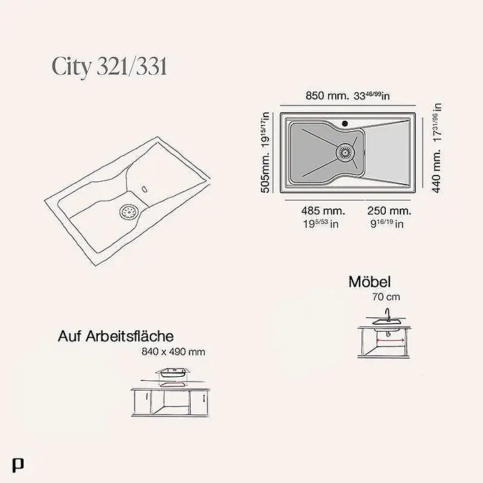 Poalgi Einbauspüle City - 86 x 51 cm, Verbundwerkstoff - Technische Zeichnung einer City 321/331 Spüle mit Maßen für Einbau in Arbeitsplatte und Unterschrank.