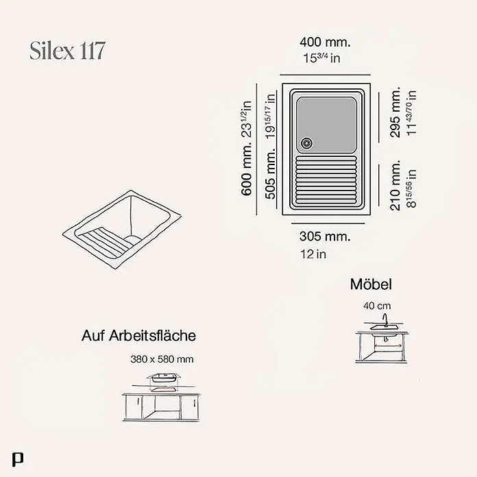 Poalgi Einbauspüle Silex - 40 x 60 cm, Verbundwerkstoff - Technisches Diagramm des Silex 117 Spülbeckens mit Maßen und Einbauanleitung.