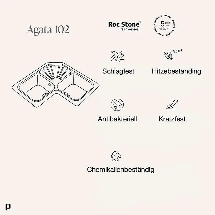 Poalgi Einbauspüle Agata - 77 x 77 cm, Verbundwerkstoff - Roc Stone Eckspülbecken mit zwei Becken, schlag-, hitze-, kratz- und chemikalienbeständig, sowie antibakteriell.