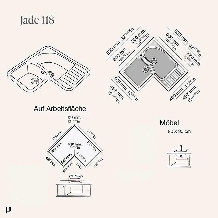 Poalgi Einbauspüle Jade - 82 x 82 cm, Verbundwerkstoff - Technische Zeichnung einer Jade 118 Eckspüle mit zwei Becken und Abtropffläche, zeigt Maße für Arbeitsplatteneinbau und einen 90x90 cm Unterschrank.