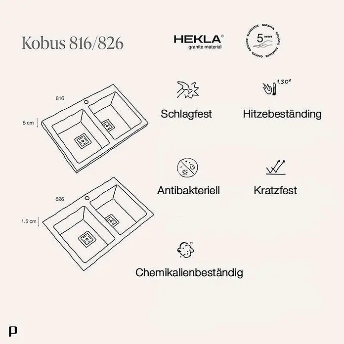 Poalgi Einbauspüle Kobus - 80 x 52 cm, Verbundwerkstoff - Zwei Kobus 816/826 Hekla Granit-Doppelspülen, mit Randhöhen (5 cm, 1.5 cm) und Merkmalen: Schlag-, Hitze-, Kratz-, Antibakteriell, Chemikalienbeständig.