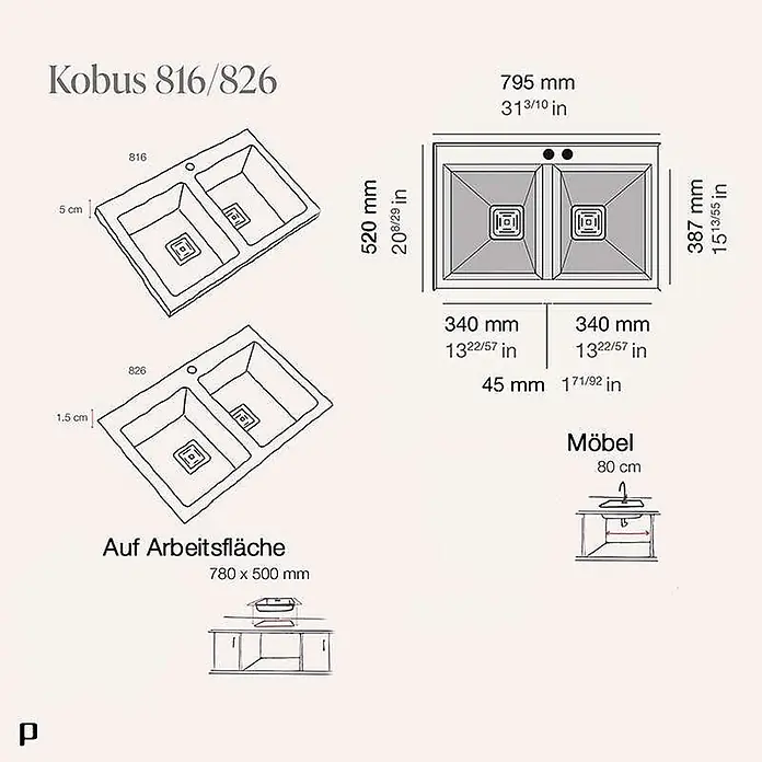 Poalgi Einbauspüle Kobus - 80 x 52 cm, Verbundwerkstoff - Technische Zeichnung der Doppelspüle Kobus 816/826 mit Maßen und Einbauausschnitt für einen 80 cm Unterschrank.