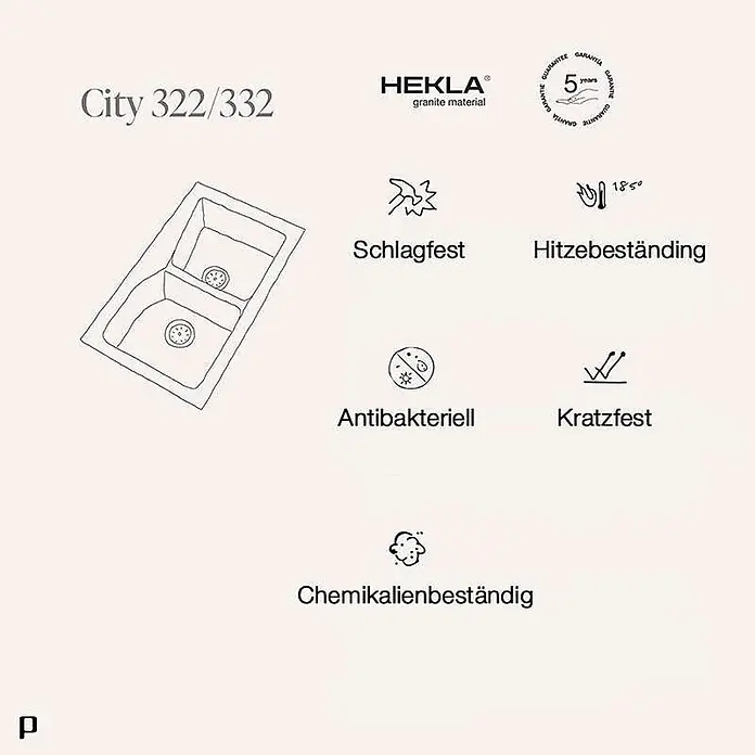 Poalgi Einbauspüle City - 86 x 51 cm, Verbundwerkstoff - Hekla City 322/332 Doppelgranitspüle, mit hervorgehobener Schlag-, Hitze-, Kratz-, antibakterieller und Chemikalienbeständigkeit.