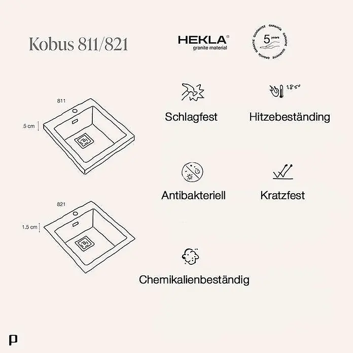 Poalgi Einbauspüle Kobus - 47 x 52 cm, Verbundwerkstoff - Strichzeichnung von zwei Kobus 811/821 Granitspülbecken mit Maßen, die ihre widerstandsfähigen Materialeigenschaften hervorhebt.