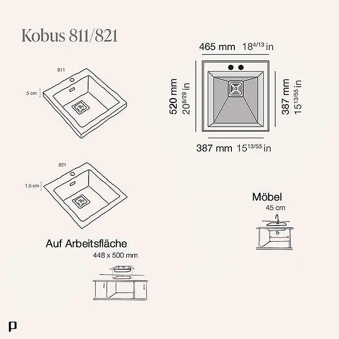 Poalgi Einbauspüle Kobus - 47 x 52 cm, Verbundwerkstoff - Technische Zeichnung der Küchenspüle Kobus 811/821 mit Abmessungen, Aufliegende- und Unterbau-Optionen sowie Schrankmaßen.