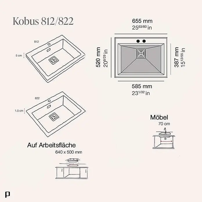 Poalgi Einbauspüle Kobus - 66 x 52 cm, Verbundwerkstoff - Technische Diagramme der Kobus 812/822 Rechteckspülen, mit Maßen, zwei Randstilen und Einbau auf einer Arbeitsfläche.