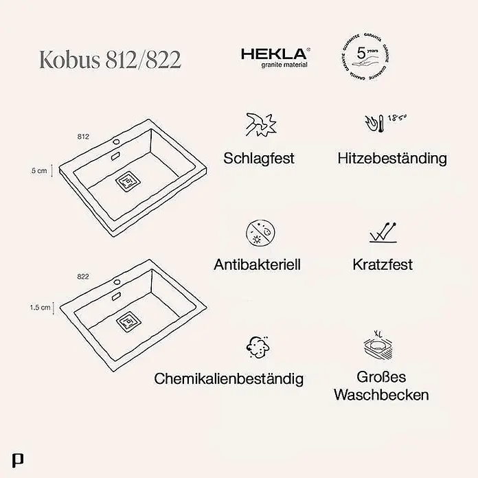 Poalgi Einbauspüle Kobus - 66 x 52 cm, Verbundwerkstoff - Kobus Granitspülen (812/822) in Strichzeichnungen, mit Schlag-, Hitze-, Kratz- und Chemikalienbeständigkeit sowie antibakteriellen Eigenschaften.
