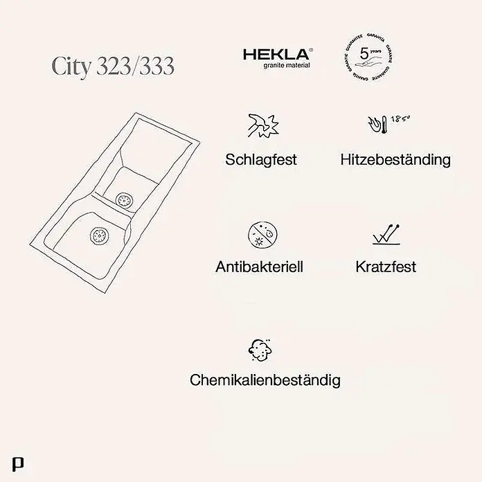 Poalgi Einbauspüle City - 118 x 51 cm, Verbundwerkstoff - Schematische Darstellung einer doppelten Granit-Küchenspüle, bekannt für Langlebigkeit und Hygiene.