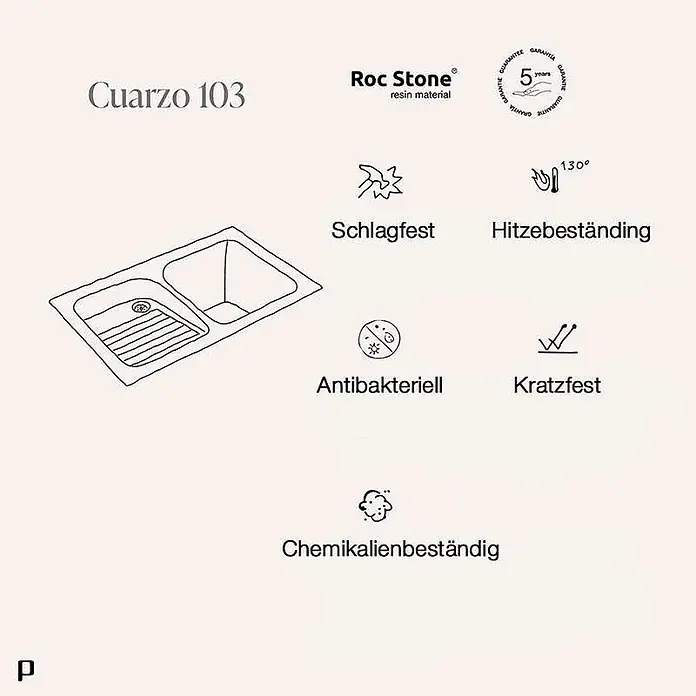 Poalgi Einbauspüle Cuarzo - 80 x 50 cm, Verbundwerkstoff - Ein Roc Stone Harz-Doppelwaschbecken, Cuarzo 103, schlag-, hitzebeständig (bis 130°C), kratz- und chemikalienbeständig, mit antibakteriellen Eigenschaften.