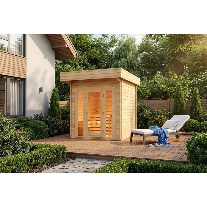 FinnTherm Saunahaus Lupoa 44 - L x B x H: 295 x 259 x 263 cm - Helle Holz-Außensaunakabine im Garten auf einer Terrasse, mit sichtbarer Innenbeleuchtung. Eine Liege steht daneben.