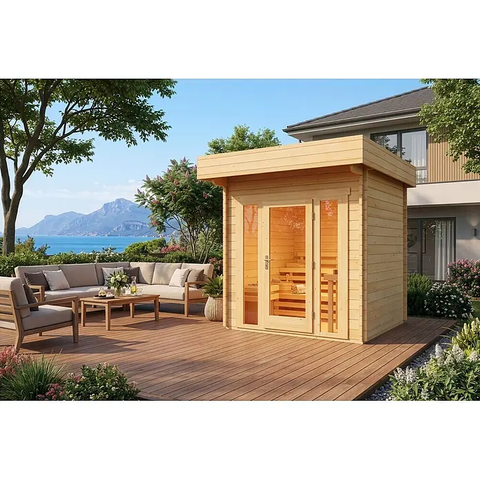 FinnTherm Saunahaus Lupoa 44 - L x B x H: 295 x 259 x 263 cm - Helle Holz-Außensauna auf einer Terrasse mit Gartenmöbeln und Seeblick.