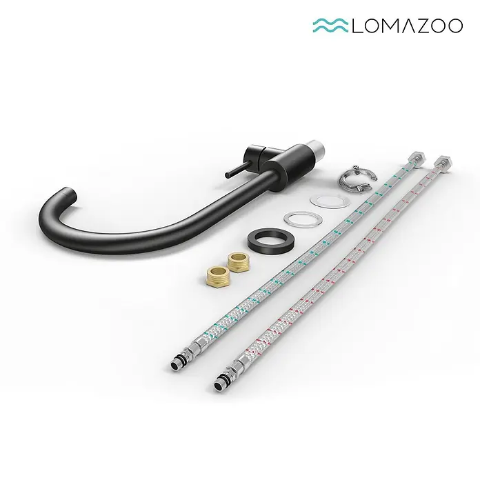 LOMAZOO Spültischarmatur J6-2Y2I-7UKH - Zwart - Mattschwarzer Wasserhahn mit zwei geflochtenen Schläuchen und Montageteilen.