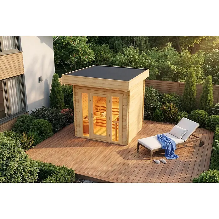 FinnTherm Saunahaus Lupoa 44 - L x B x H: 295 x 259 x 263 cm - Outdoor-Saunakabine aus hellem Holz mit dunklem Flachdach, Glastüren und beleuchtetem Innenraum, auf einer Holzterrasse neben einer Sonnenliege im Garten.