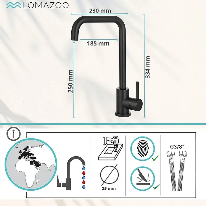 LOMAZOO Spültischarmatur UI-7OV4-LJG0 - Zwart - Schwarze Küchenarmatur mit Maßen und Anschlussdetails.