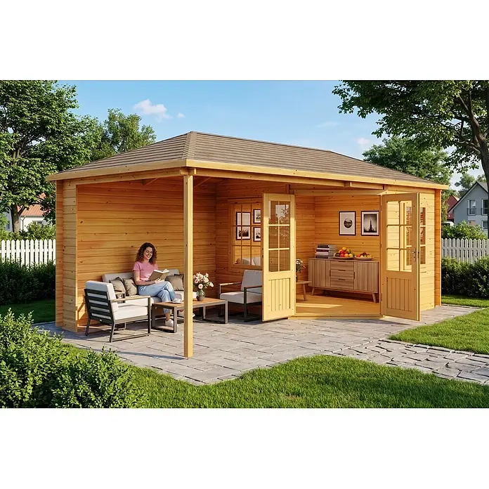 Alpholz Gartenhaus Mosel - Außenmaß inkl. Dachüberstand (B x T): 614 x 317 cm, Holz, Pinie - Geräumiges Gartenhaus aus Naturholz mit braunem Dach, eingerichtet für Entspannung im Freien mit Sitzmöbeln und Deko.