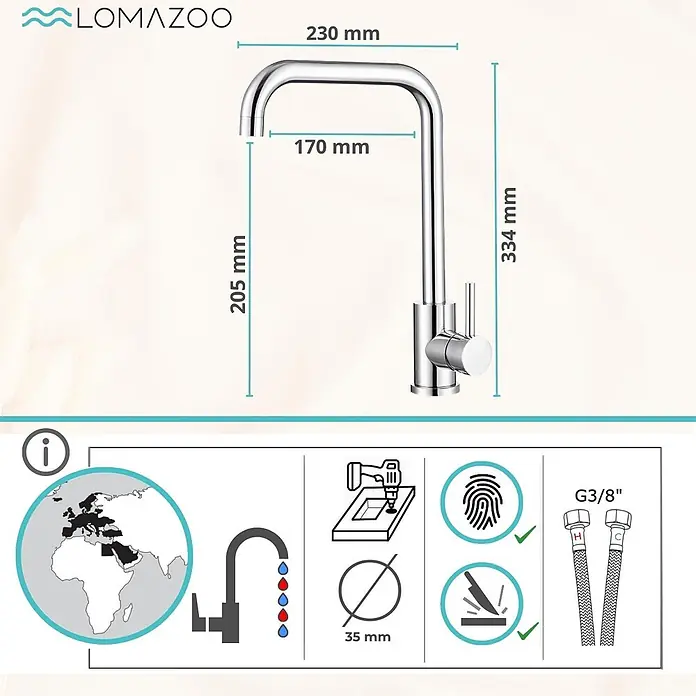LOMAZOO Spültischarmatur LMZ-HYBRIS - Chroom - Verchromte Küchenarmatur mit U-Auslauf, Einhebelmischer. Zeigt 334mm Höhe, 230mm Ausladung, 35mm Loch und G3/8" Anschlüsse.