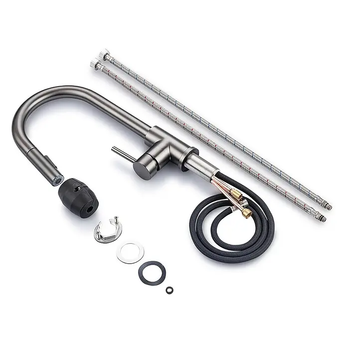 LOMAZOO Spültischarmatur LMZ-MASON - Gun Metal - Dunkelgraue Küchenarmatur mit Ausziehbrause, Gegengewicht, Zuleitungsschläuchen und Montagematerial zur Installation.