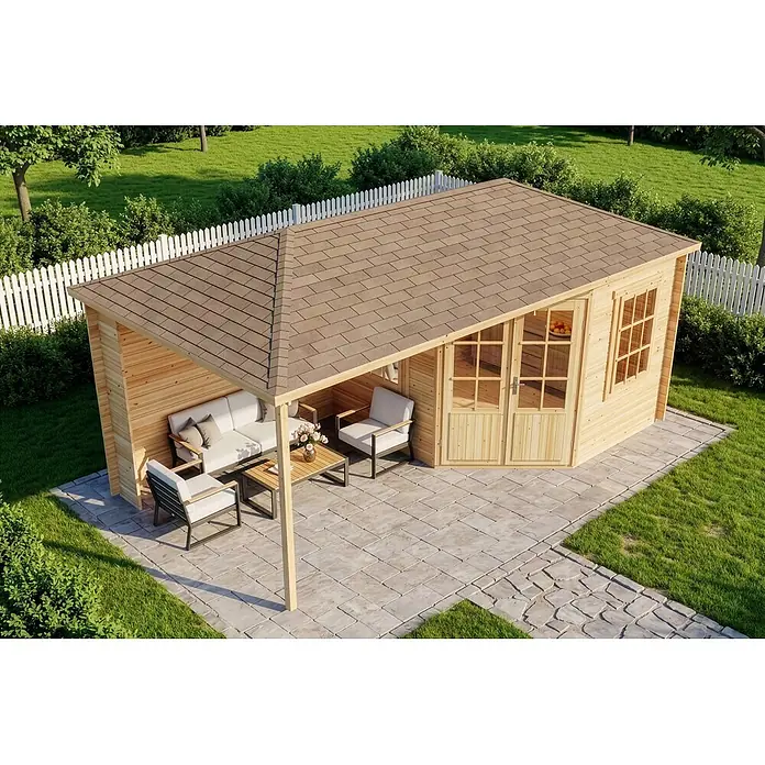 Alpholz Gartenhaus Mosel - Außenmaß inkl. Dachüberstand (B x T): 614 x 317 cm, Holz, Naturbelassen - Gartenschuppen aus Holz mit integriertem Loungebereich, helle Holzwände, braunes Schindeldach und gepflasterte Terrasse.