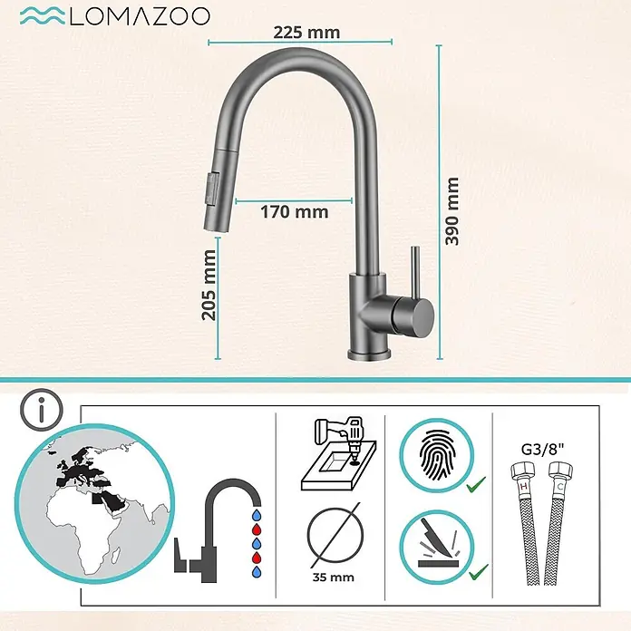 LOMAZOO Spültischarmatur LMZ-MASON - Gun Metal - Gebürstete graue Küchenarmatur mit Ausziehbrause und detaillierten Maßen, passend für moderne Küchen.