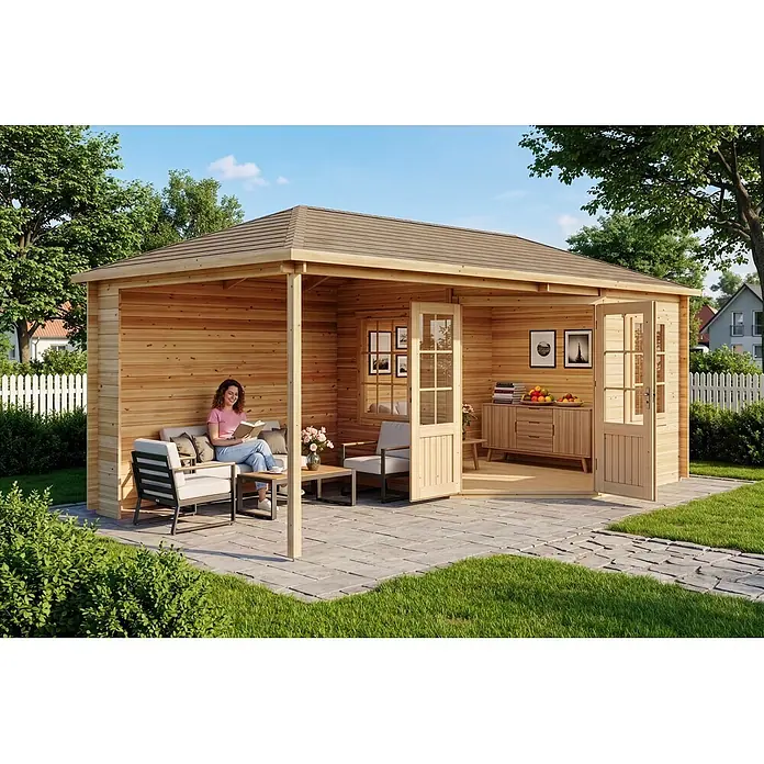 Alpholz Gartenhaus Mosel - Außenmaß inkl. Dachüberstand (B x T): 614 x 317 cm, Holz, Naturbelassen - Geräumiges Holz-Gartenhaus mit offener Front und Terrasse, eine Person liest auf einem Sofa.