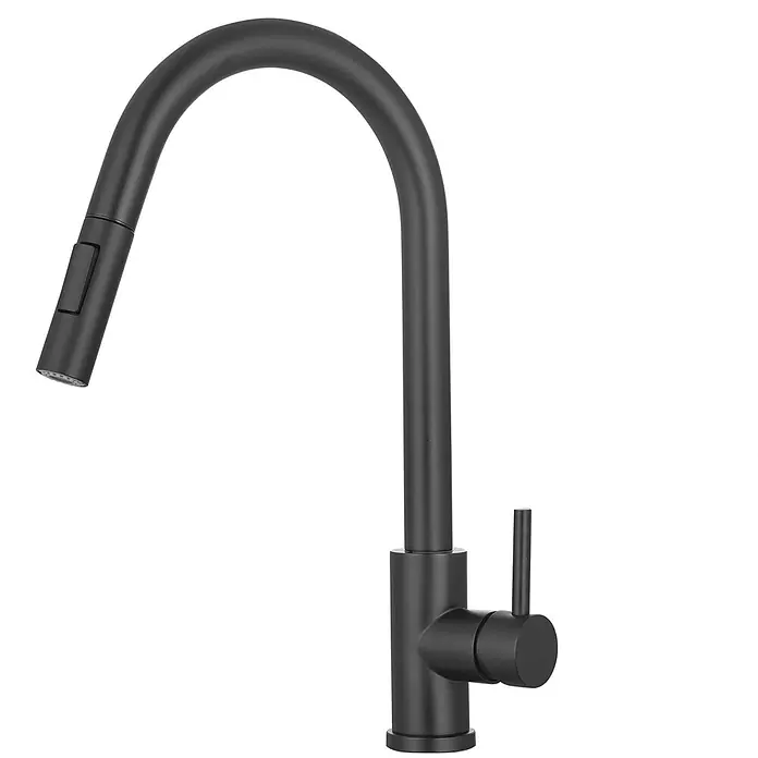 LOMAZOO Spültischarmatur AZ-RDDK-RCM5 - Zwart - Mattschwarze Küchenarmatur mit Ausziehbrause, hohem Bogenauslauf und Einhebelmischer.