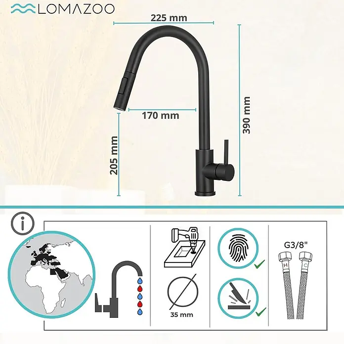 LOMAZOO Spültischarmatur AZ-RDDK-RCM5 - Zwart - Mattschwarze Küchenarmatur mit Ausziehbrause. Gesamthöhe 390mm.