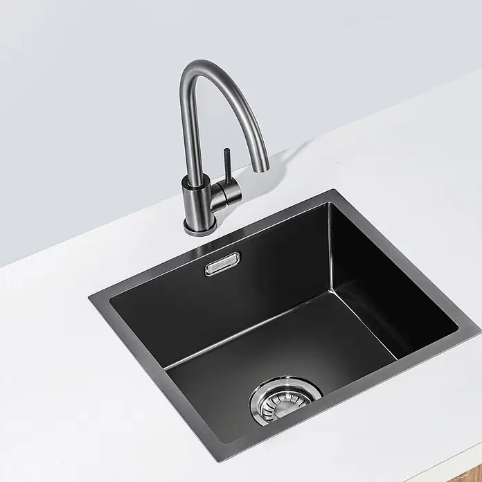 LOMAZOO Spültischarmatur LMZ-CEDRIC - Gun Metal - Modernes dunkelgraues Spülbecken mit passendem Schwanenhals-Wasserhahn.