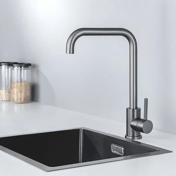 LOMAZOO Spültischarmatur LMZ-JAMES - Gun Metal - Ein moderner, dunkelgrauer Küchenwasserhahn mit passendem Spülbecken, minimalistisches Design.