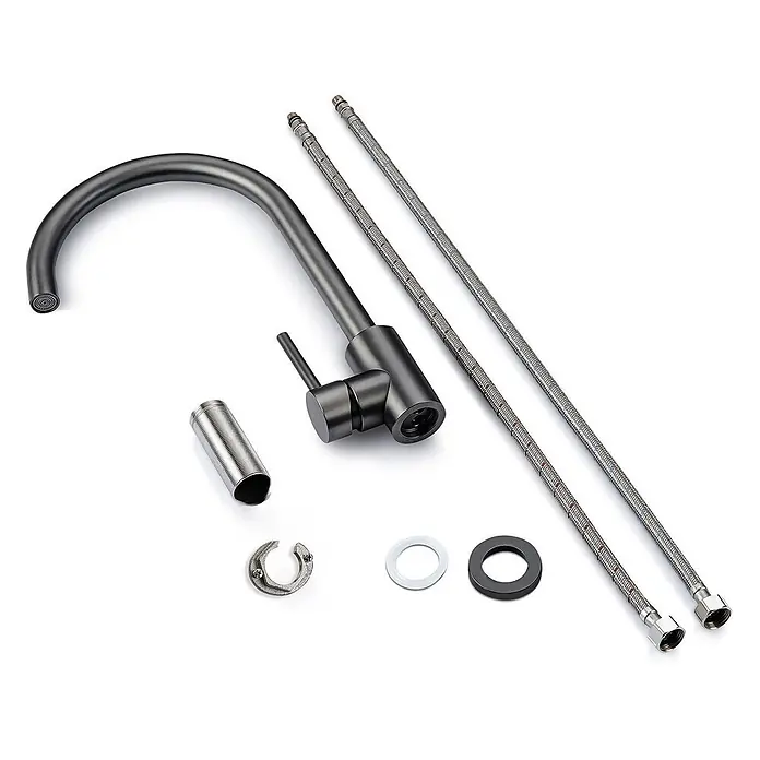 LOMAZOO Spültischarmatur LMZ-CEDRIC - Gun Metal - Mattschwarze Küchenarmatur mit Schwanenhalsauslauf und Einhebelgriff, begleitet von zwei flexiblen Schläuchen und Montageteilen.