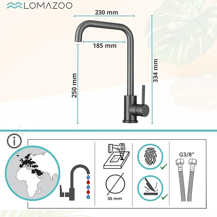 LOMAZOO Spültischarmatur LMZ-JAMES - Gun Metal - Mattschwarze Küchenarmatur, 334mm hoch, 185mm Ausladung. Inklusive G3/8 Anschlussschläuche.