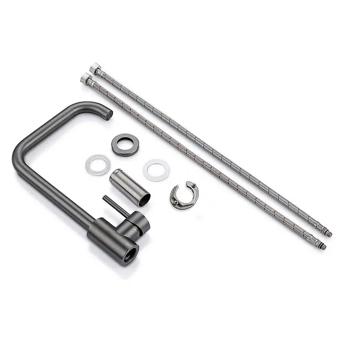LOMAZOO Spültischarmatur LMZ-JAMES - Gun Metal - Dunkelgraues Küchen-/Badezimmer-Wasserhahnset aus Metall mit Griff, Montageteilen und zwei geflochtenen Edelstahlschläuchen.