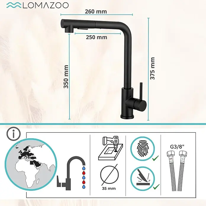 LOMAZOO Spültischarmatur HYDRA - Zwart - Schwarze Küchenarmatur mit Maßen: Auslauflänge 250mm, Höhe 375mm, Basisdurchmesser 35mm.