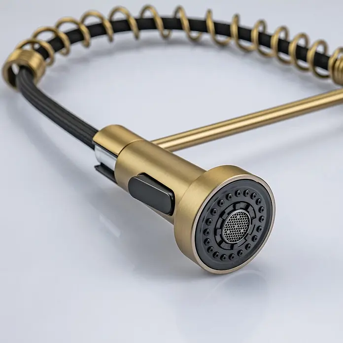 LOMAZOO Spültischarmatur LMZ-LUXOR - Goud - Gebürsteter goldener Küchenarmatur-Brausekopf mit schwarzem Schlauch, Feder und Sprühfläche.