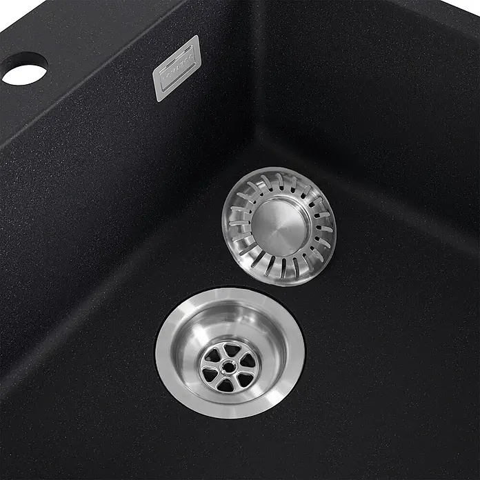 LOMAZOO Waschbecken LMZ-THIAGO - Mit Überlauf, Schwarz - Schwarze Granit-Küchenspüle mit einem Edelstahl-Abfluss und einem herausnehmbaren Sieb.