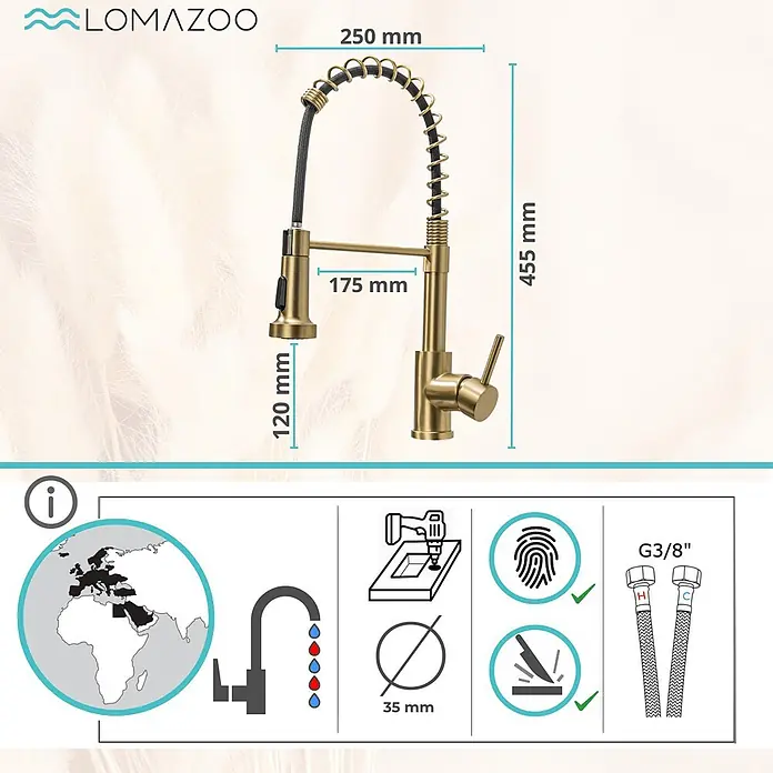 LOMAZOO Spültischarmatur LMZ-LUXOR - Goud - Küchenarmatur aus gebürstetem Gold mit flexiblem Spiralauslauf und Einhebelgriff.
